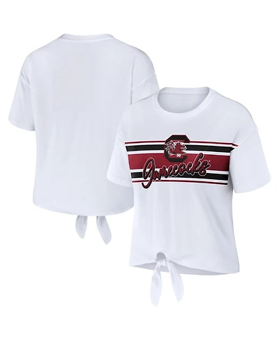 Wear by Erin Andrews Women's White South Carolina Gamecocks Striped Front Knot Cropped T-Shirt