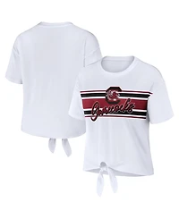 Wear by Erin Andrews Women's White South Carolina Gamecocks Striped Front Knot Cropped T-Shirt