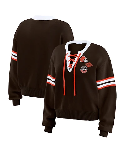 Wear by Erin Andrews Women's Brown Cleveland Browns Lace-Up Sweater