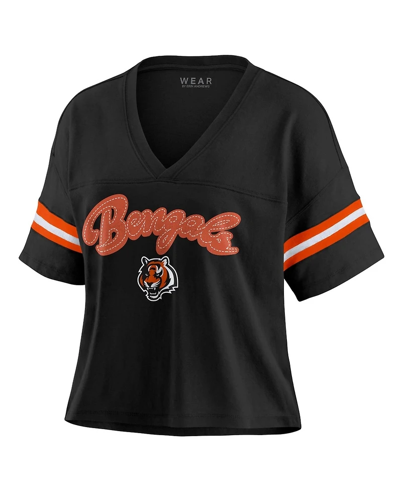 Wear by Erin Andrews Women's Black Cincinnati Bengals Plus Color Block Boxy V-Neck T-Shirt