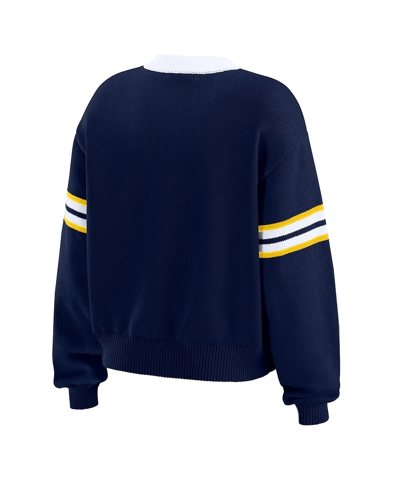 Wear by Erin Andrews Women's Navy Michigan Wolverines Lace-Up Pullover Sweater