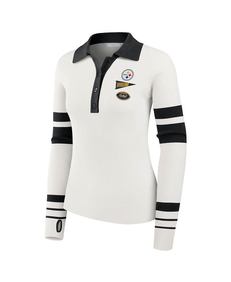 Wear by Erin Andrews Women's White Pittsburgh Steelers Ribbed Henley Polo Sweater