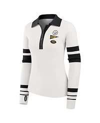 Wear by Erin Andrews Women's White Pittsburgh Steelers Ribbed Henley Polo Sweater