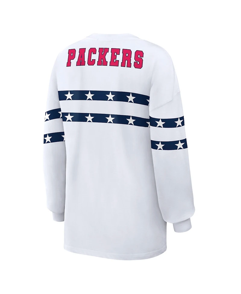 Wear by Erin Andrews Women's White Green Bay Packers Americana Stripe Long Sleeve T-Shirt