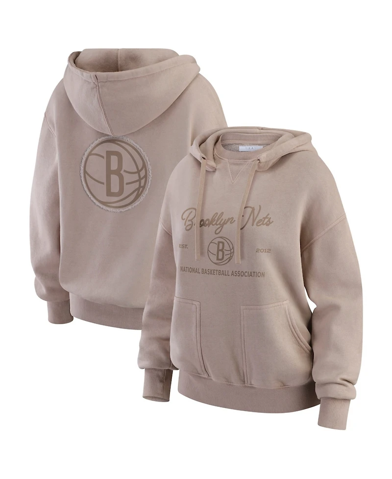 Wear by Erin Andrews Women's Tan Brooklyn Nets Washed Pullover Crewdie