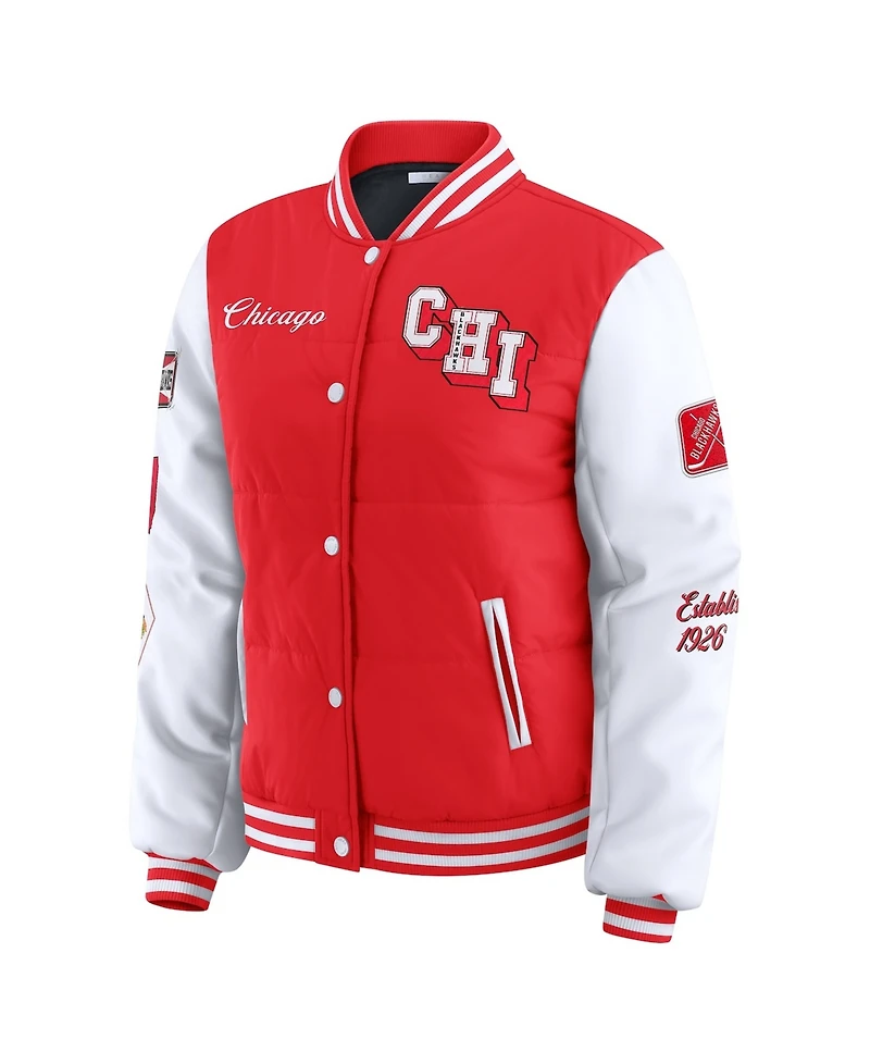 Wear by Erin Andrews Women's Red/White Chicago Blackhawks Varsity Full-Snap Puffer Jacket