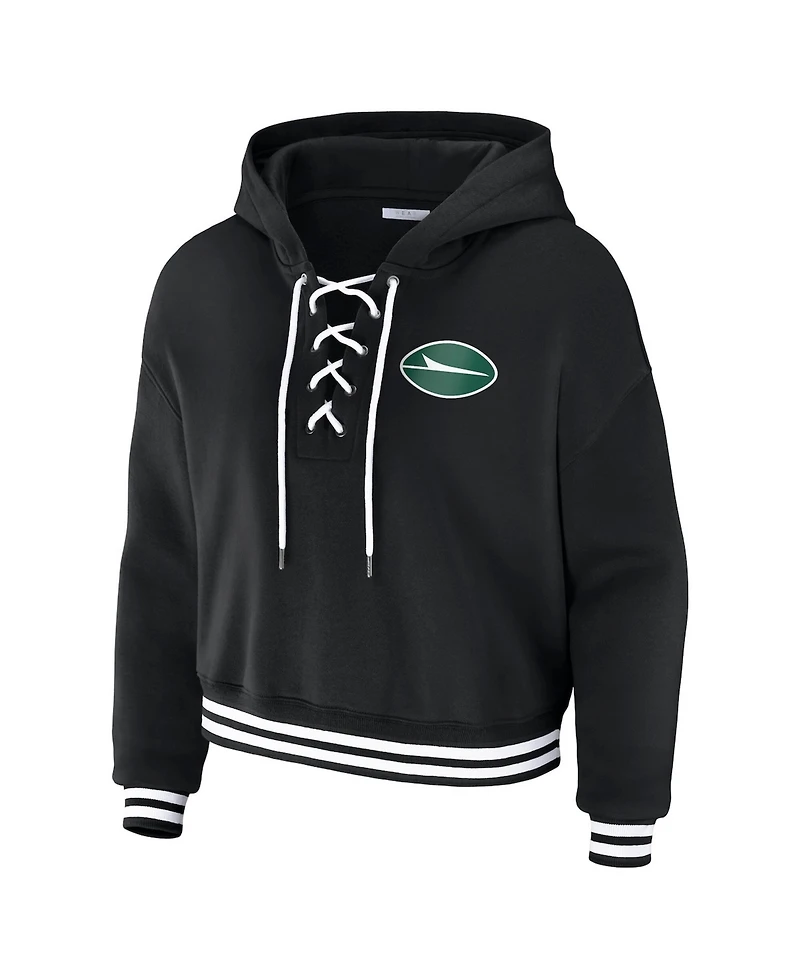 Wear by Erin Andrews Women's Black New York Jets Lace-Up Fleece Hoodie