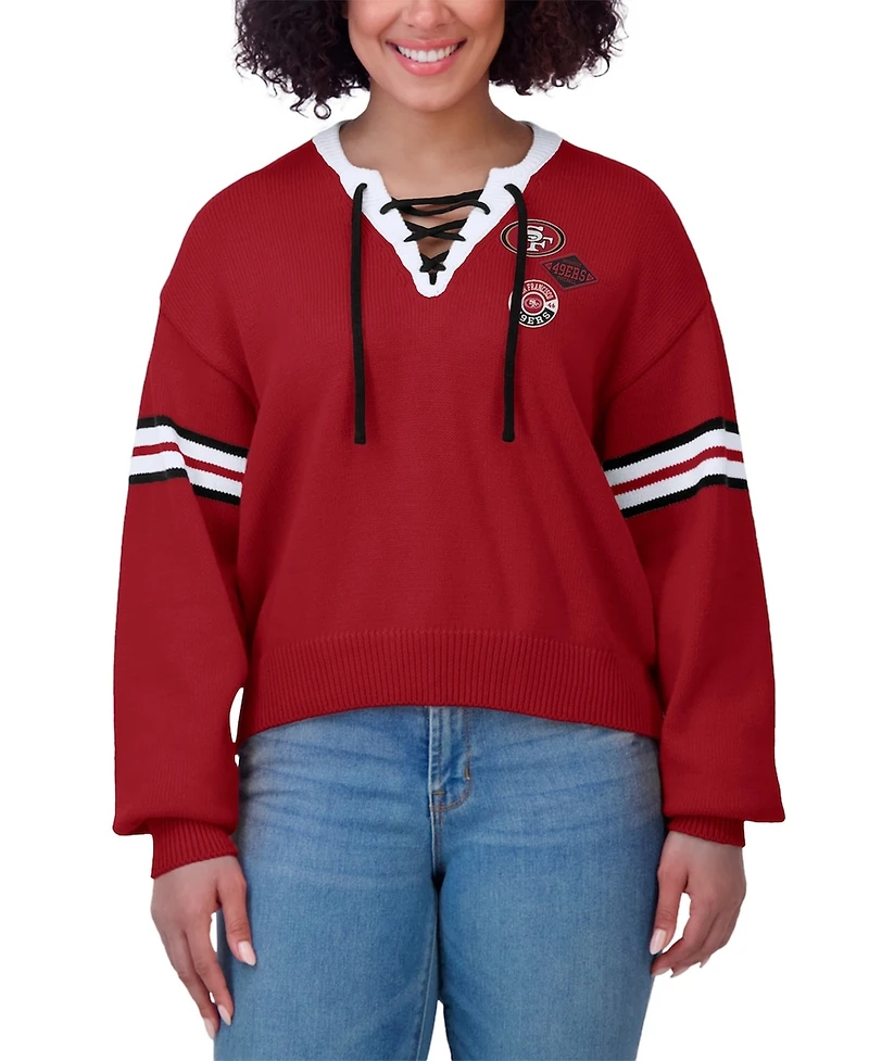 Wear by Erin Andrews Women's Scarlet San Francisco 49ers Lace-Up Sweater