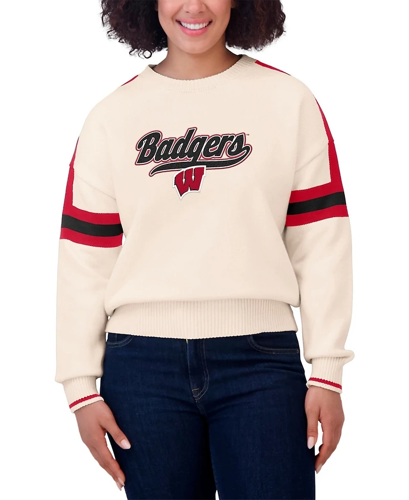 Wear by Erin Andrews Women's Cream Wisconsin Badgers Chenille Woven Patch Stripe Pullover Sweater