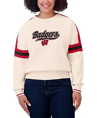 Wear by Erin Andrews Women's Cream Wisconsin Badgers Chenille Woven Patch Stripe Pullover Sweater