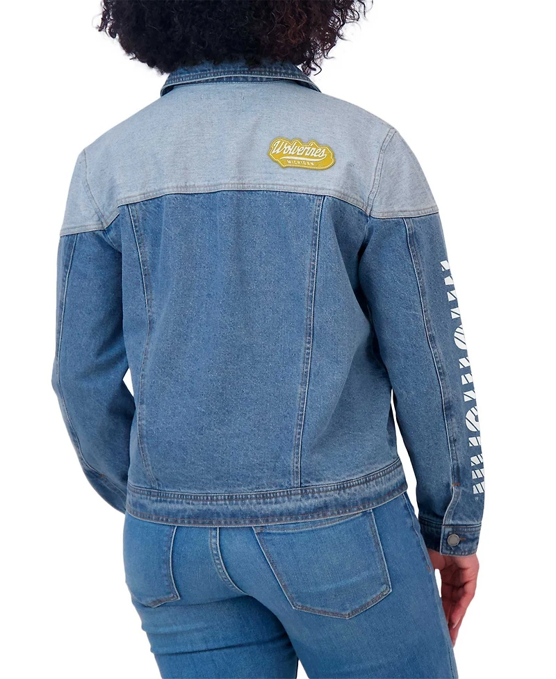Wear by Erin Andrews Women's Denim Michigan Wolverines Sleeve Hit Color block Button-Down Jacket