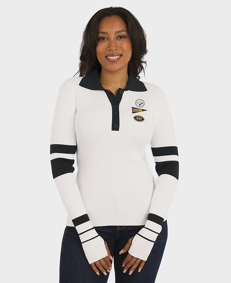 Wear by Erin Andrews Women's White Pittsburgh Steelers Ribbed Henley Polo Sweater