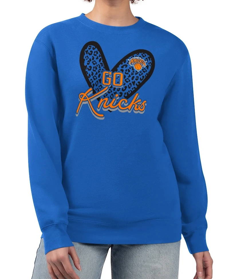 G-iii 4Her by Carl Banks Women's Royal New York Knicks Leopard Heart Fleece Pullover Sweatshirt