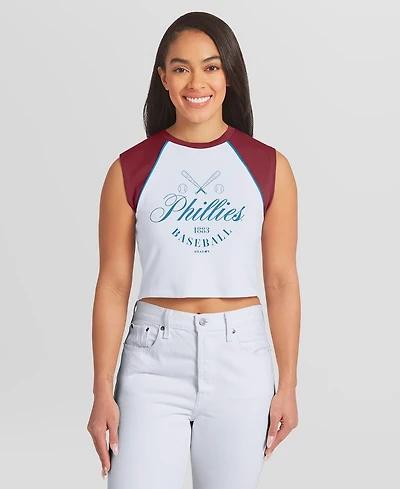 Wear by Erin Andrews Women's White Philadelphia Phillies Cooperstown Cropped Raglan Tank Top