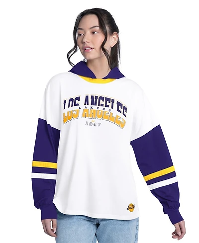 G-iii 4Her by Carl Banks Women's White/Purple Los Angeles Lakers Key Player Oversized Hooded Long Sleeve T-Shirt