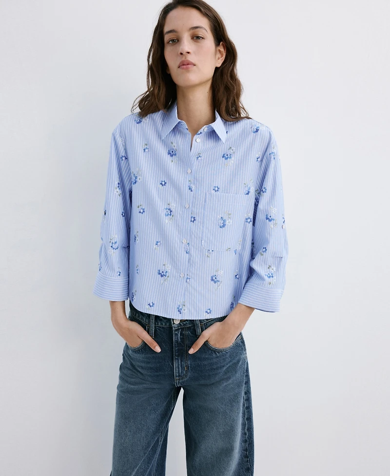 Mango Women's Flower Embroidered Striped Top