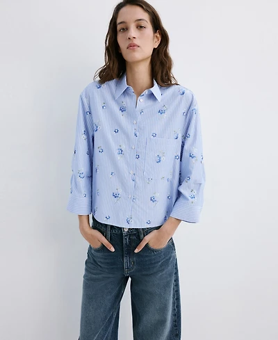 Mango Women's Flower Embroidered Striped Top