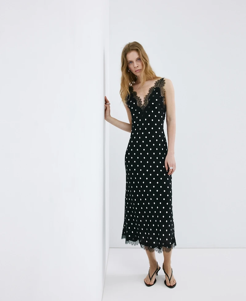 Mango Women's Lace Detail Polka-Dot Dress
