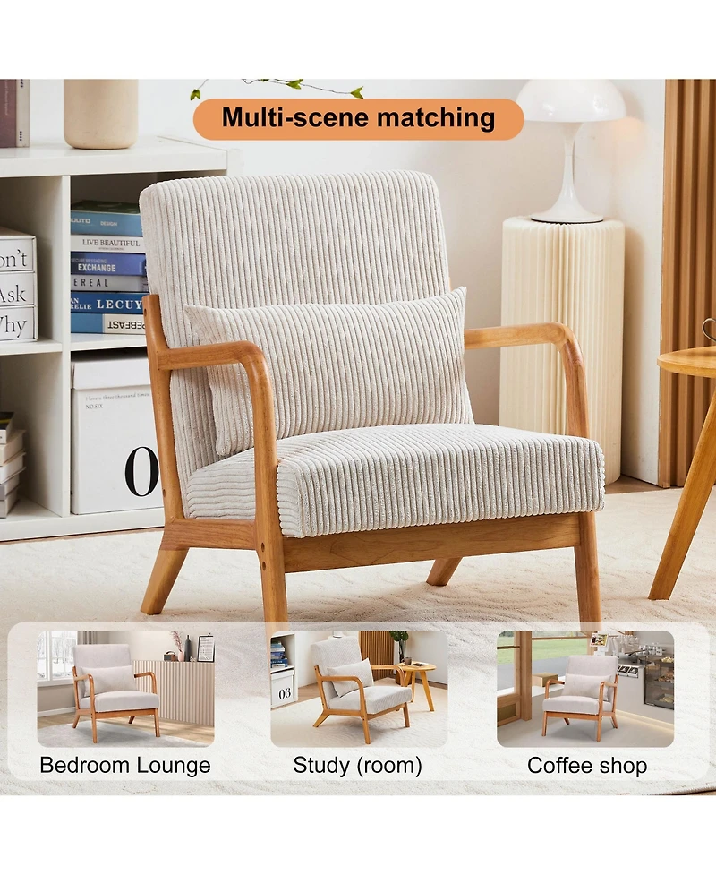 Rainsken Mid-Century Modern Accent Chair, Upholstered Lounge Armchair with Lumbar Pillow and Solid Wood Frame for Living Room, Balcony