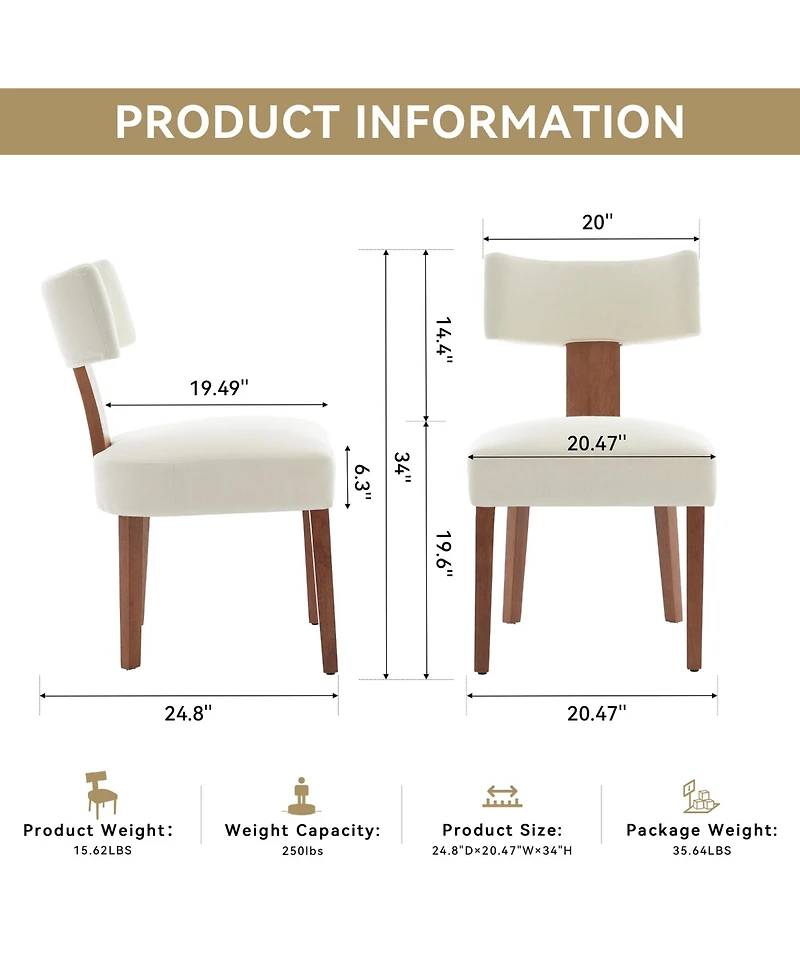 Rainsken Linen Fabric Dining Chairs Set of 2, Modern Armless Kitchen with Curved Backrest and Solid Wooden Legs for Room
