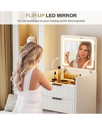 Vlsrka 3-in-1 Flip Top Mirror Vanity Desk, Glass Desktop Dressing Table with 3 Drawers and Padded Stool