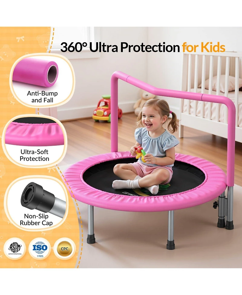 Bcan SP1 36 inch Astm Certified Toddler Trampoline Indoor Mini Trampoline with Foam Handle Safety Cover Easy Assembly for Kids