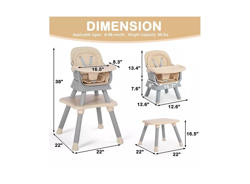 Kinder King 8-in-1 Baby High Chair Converts to Booster Seat and Kids Table Set with Removable Tray