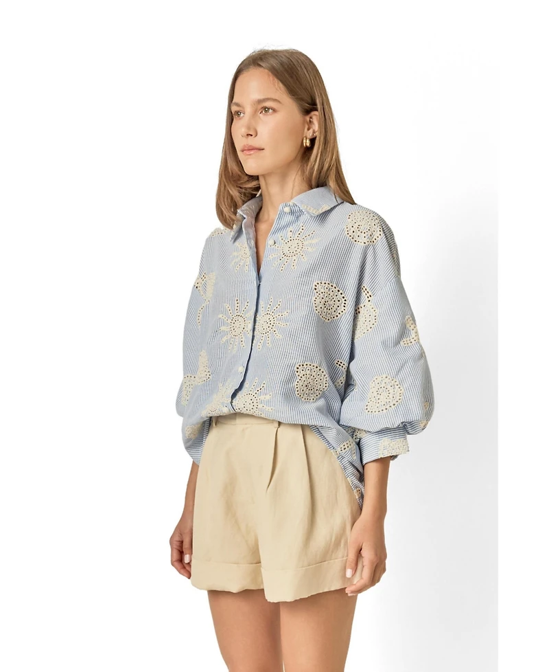English Factory Women's Striped Embroidery Detail Volume Sleeve Shirt