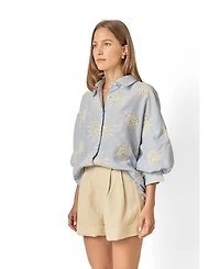 English Factory Women's Striped Embroidery Detail Volume Sleeve Shirt
