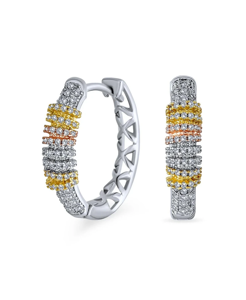Bling Jewelry Tri-Color Pave Cz Oval Hoop Earrings Rose Gold Silver Plated