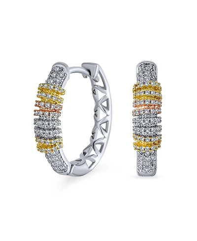Bling Jewelry Tri-Color Pave Cz Oval Hoop Earrings Rose Gold Silver Plated
