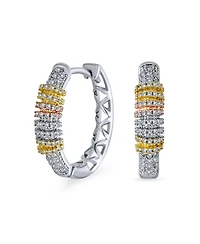 Bling Jewelry Tri-Color Pave Cz Oval Hoop Earrings Rose Gold Silver Plated