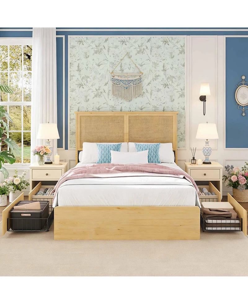 gaomon Bohemian Platform Bed Frame with Rattan Storage Headboard, Adjustable Led Lights, Wooden Support Legs, No Box Spring Needed