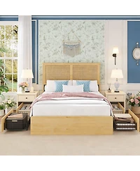 gaomon Bohemian Platform Bed Frame with Rattan Storage Headboard, Adjustable Led Lights, Wooden Support Legs, No Box Spring Needed