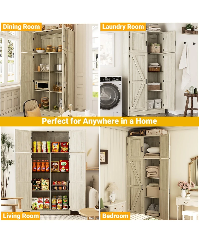 Aheaplus 71" Tall Wooden Pantry Cabinet with Shelves, Kitchen Storage 4 Barn Doors