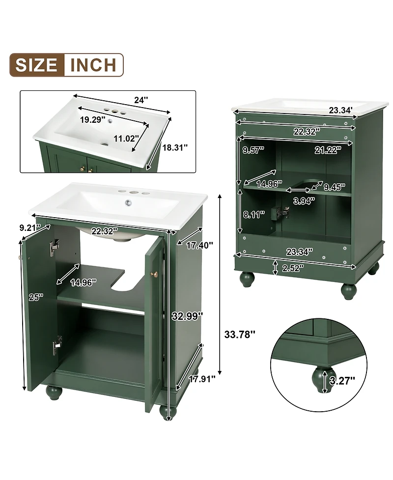 Busdays Modern Bathroom Vanity Cabinet with Ceramic Sink Simple Elegant Design Soft Closing Storage and Adjustable Shelf