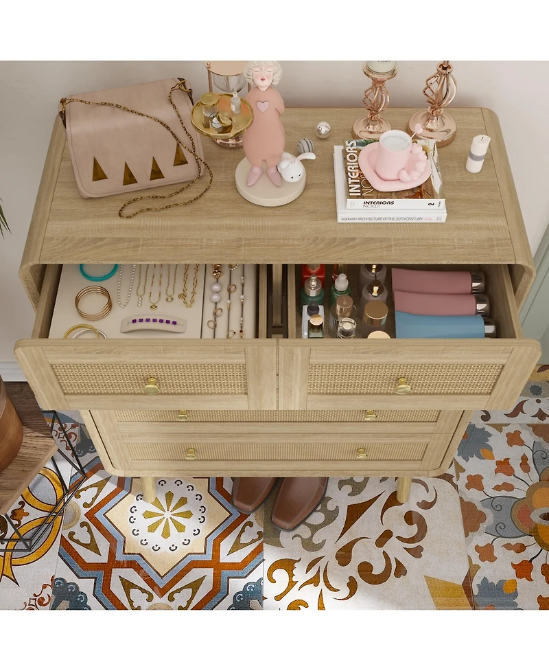 Homsee 5-Drawer Chest of Drawers Rattan Door Cabinet with Golden Handles | Modern Wood Grain Storage Organizer for Living Room, Bedroom