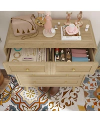 Homsee 5-Drawer Chest of Drawers Rattan Door Cabinet with Golden Handles | Modern Wood Grain Storage Organizer for Living Room, Bedroom