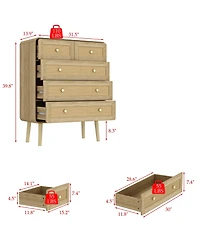 Homsee 5-Drawer Chest of Drawers Rattan Door Cabinet with Golden Handles | Modern Wood Grain Storage Organizer for Living Room, Bedroom