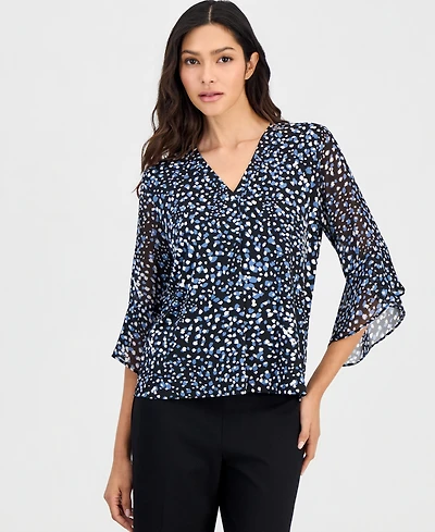 Anne Klein Essentials Petite Printed 3/4-Bell-Sleeve Split-Neck Top