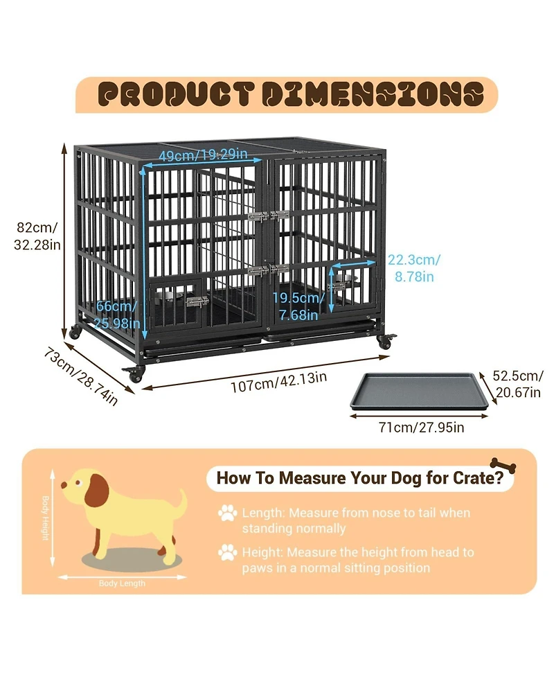 gaomon 42 inch Heavy Duty Dog Crate, Large Metal Dog Crate with 2 Feeding Door and Blows, Pet Cage House with Removable Tray and Wheels for s/m/l Dogs