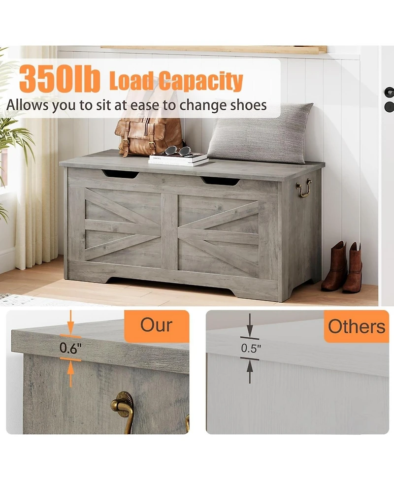 homfan 39.4" Gray Storage Chest and Toy Box with Safety Hinge, 350LBS Capacity, Entryway Bench for Living Room Playroom
