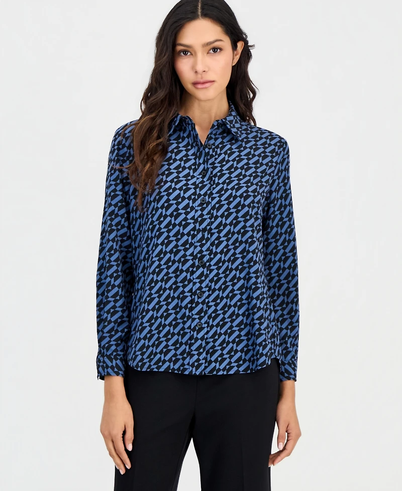 Anne Klein Essentials Petite Printed Button-Front Long-Sleeve Blouse