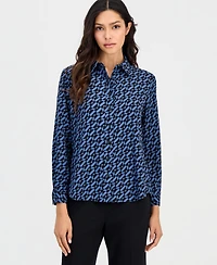 Anne Klein Essentials Petite Printed Button-Front Long-Sleeve Blouse