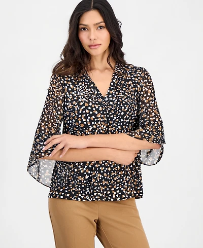 Anne Klein Essentials Petite Printed 3/4-Bell-Sleeve Split-Neck Top