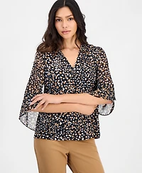 Anne Klein Essentials Petite Printed 3/4-Bell-Sleeve Split-Neck Top