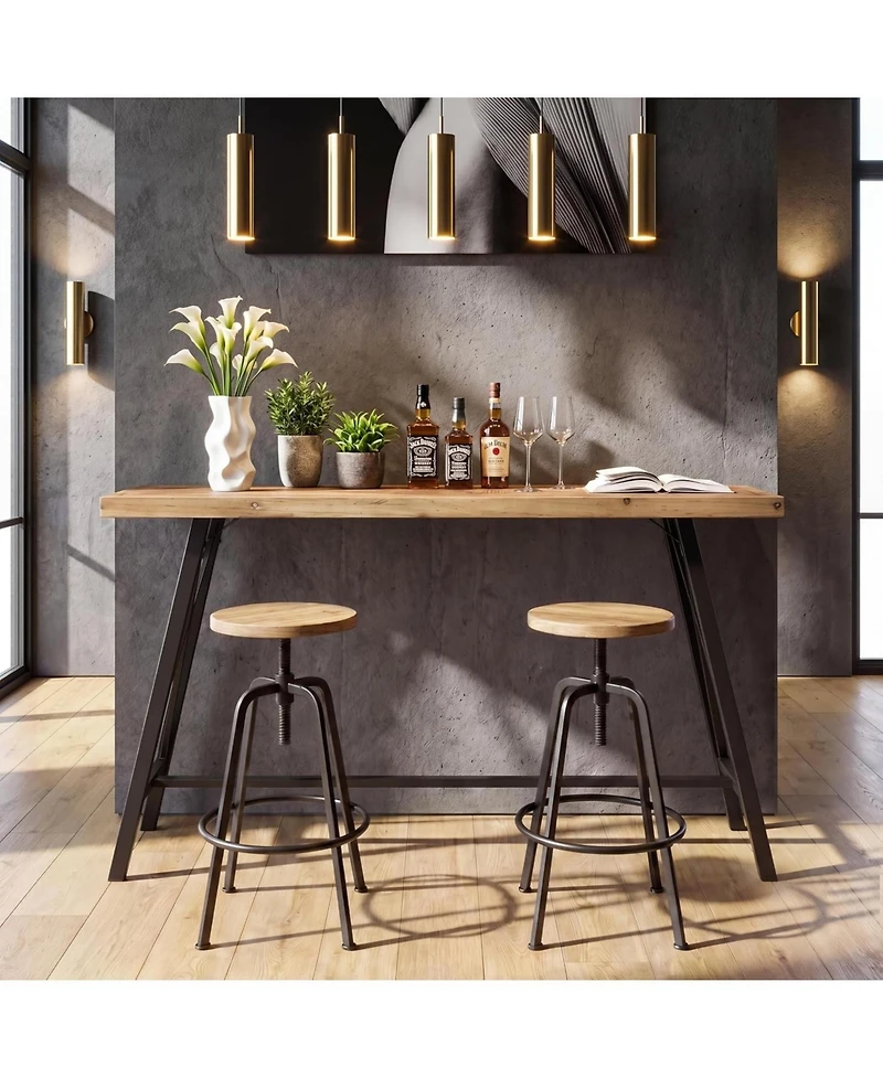 Tribesigns Solid Wood Bar Table with Metal Footrest, 63 Inch Long Counter Height Pub Table Industrial Tall Bistro Tables