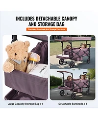 Rainsken Wagon Stroller for 2 Kids, Push Pull Collapsible Utility Cart with Adjustable Handle, Encircling Harness and Removable Canopy for Outdoors