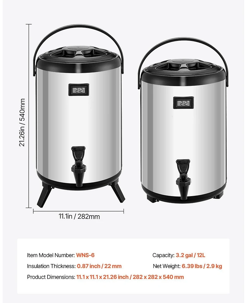 Cozito Insulated Beverage Dispenser, 3.2 Gal 12L Stainless Steel Server, 2 Pack