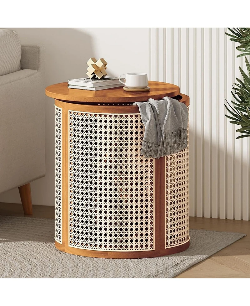 Rainsken Round Solid Wood Nightstand, Hollow Woven Bedside Table, Compact Accent End Table for Living Room, Bedroom